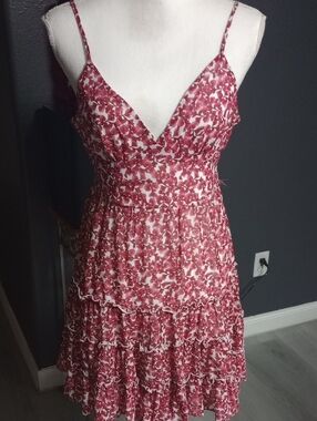 Floral Red Tiered Spaghetti-Strap Dress